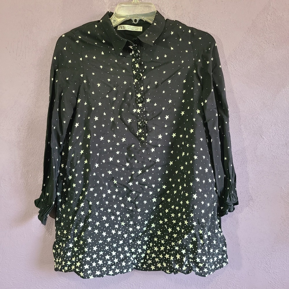 Zara Star Print 3/4 Sleeve Pullover Blouse Womens 10 Black White Tunic‎